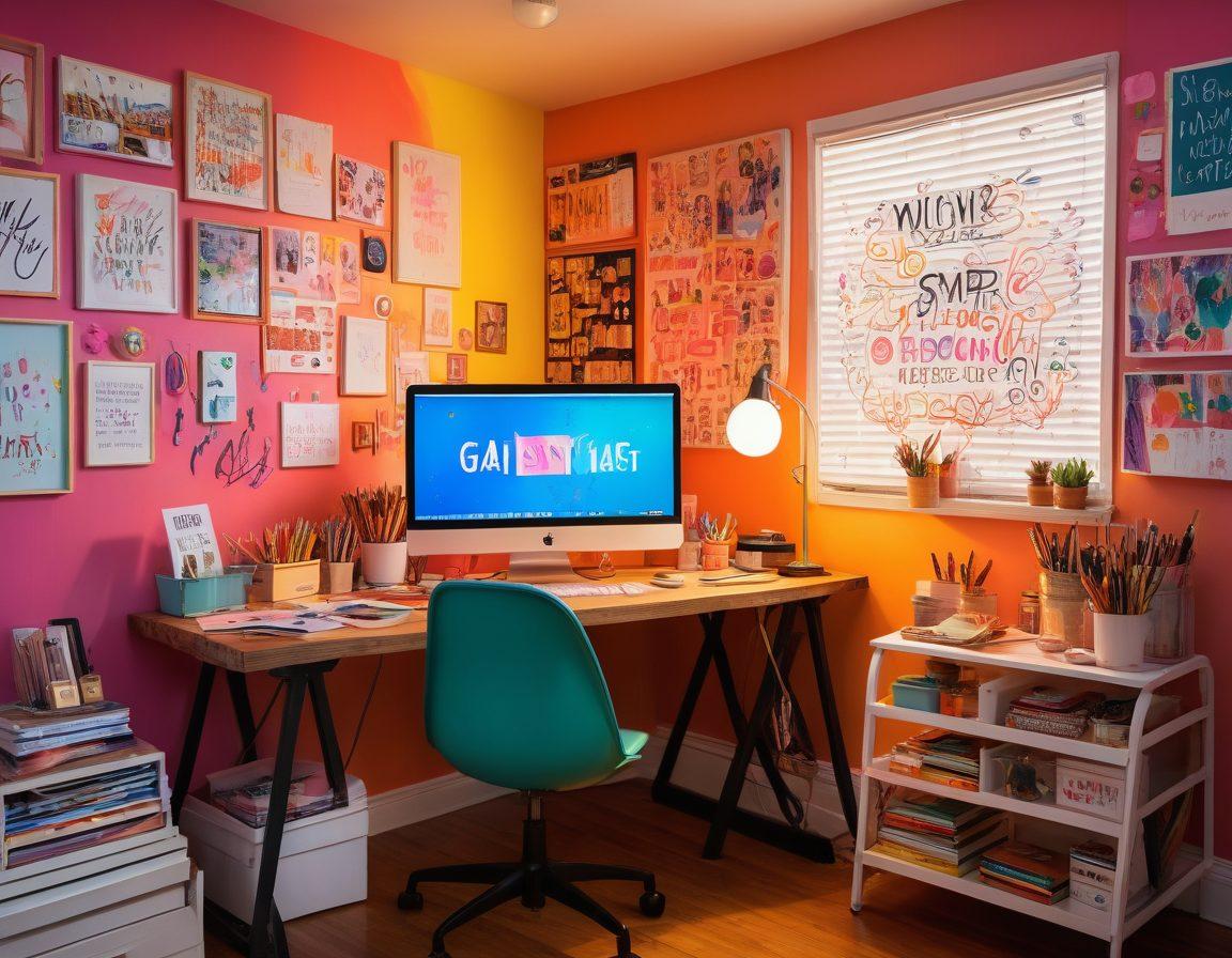 A vibrant artist's workspace filled with colorful paints, brushes, and a large canvas depicting a variety of expressive content forms like blogging, vlogging, and social media. Incorporate a glowing light bulb symbolizing creativity above the desk and various inspirational quotes on the walls. Include people of diverse backgrounds actively creating and sharing content, showcasing engagement and collaboration. colorful illustration. bright and energetic style.