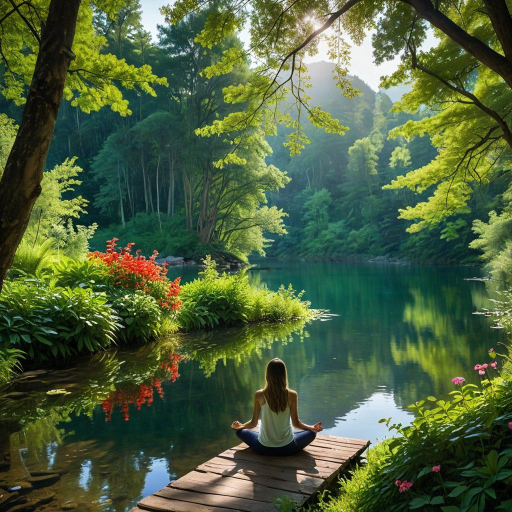 A stunning travel landscape that seamlessly transitions into a serene wellness scene, showcasing a lush green valley merging into a peaceful yoga setting by a tranquil lake. Include vibrant nature elements such as colorful flowers, soft sunlight filtering through trees, and a person meditating by the water's edge. The image should evoke a sense of adventure and tranquility. super-realistic. vibrant colors. ethereal lighting.