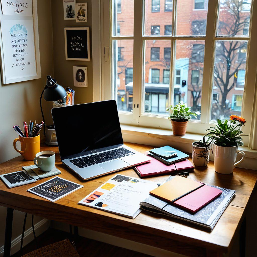 A vibrant workspace filled with colorful notebooks, art supplies, and a laptop displaying a creative blog. Surrounding the desk are inspiration boards with quotes, photographs, and sketches, illustrating the essence of lifestyle blogging. Soft natural light filters through a window, creating a warm and inviting atmosphere. Include a steaming cup of coffee to enhance the cozy vibe. super-realistic. vibrant colors.